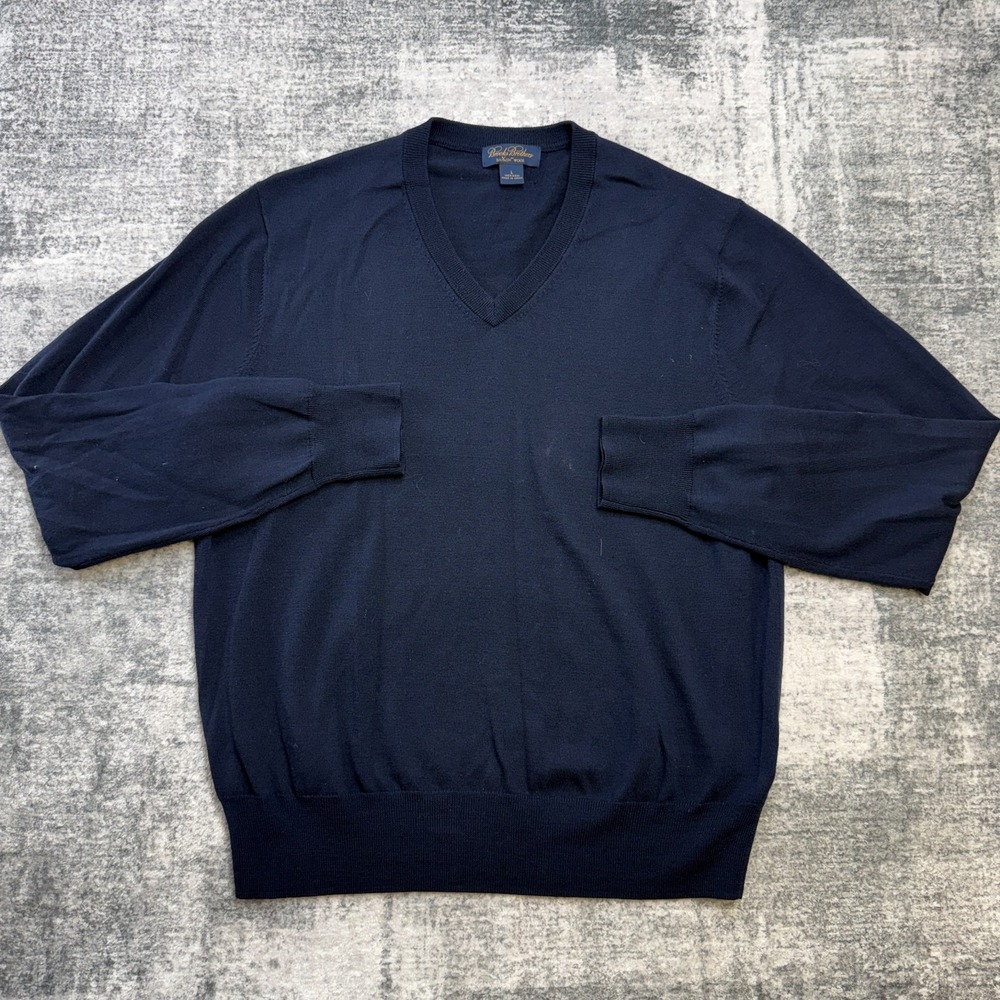 Brooks Brothers Sweater Mens Large Saxxon Wool Navy Blue V-Neck Lightweight Ivy